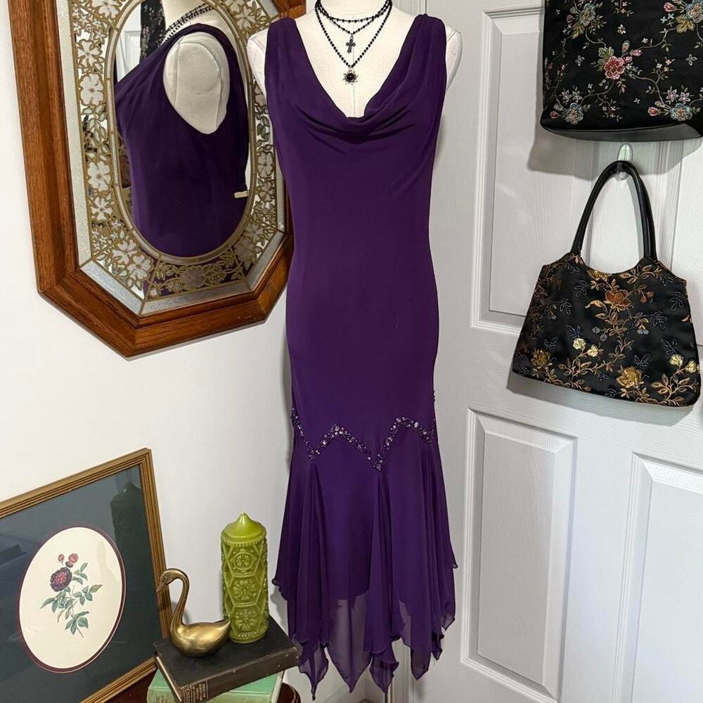 VTG Y2K SL Fashion Dark Purple Beaded Mesh Dark Fairy Cowl Neck Sleeveless Dress